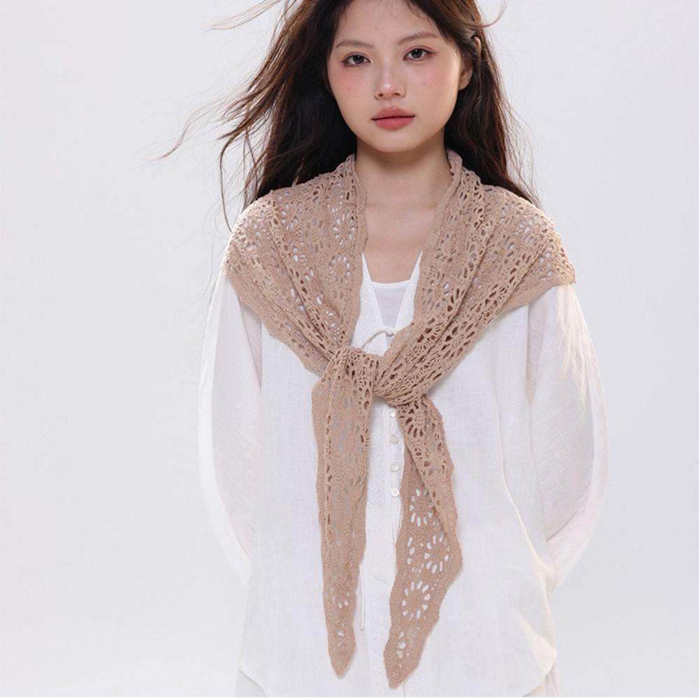 White Knitted Triangle Scarf Ethnic Style Crochet Flower Scarves Hollow Out Lace Shawl  Summer