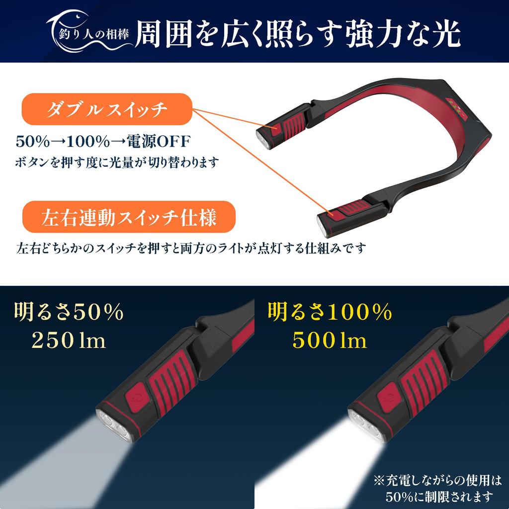 [Angler's Buddy] Rechargeable LED Neck Light, Max 500 Lumens, IPX5 Waterproof, IK07 Shockproof, Type-C Charging, Hands-Free, Neck-Mounted Work Light,