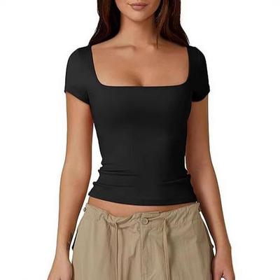 Kadın Zayıflatıcı Düz Renk Crop Top - Kare Yaka, Kısa Kollu