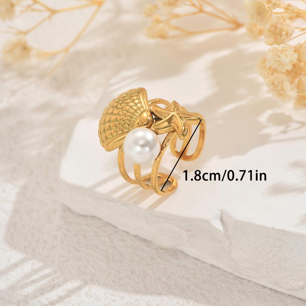 2025 new ocean style women's ring personalized inlaid pearl shell design open ring high-end jewelry