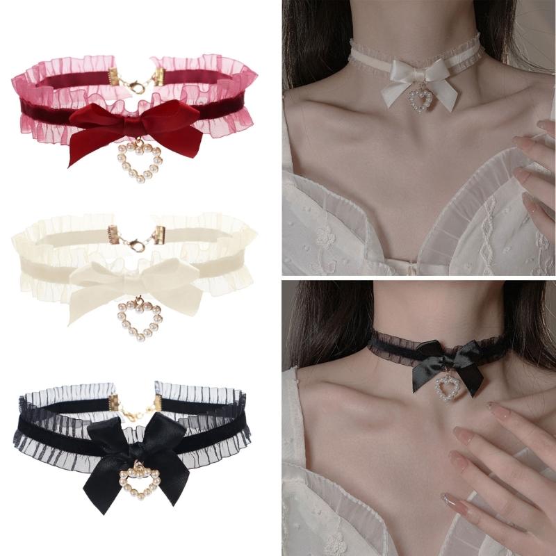 Sweet Heart Pendant Bowknot Neckband Choker Jewelry Temperament Elegant Neck Chain Women Clavicle Chain Necklace