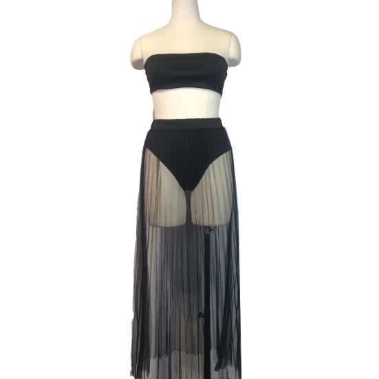 3Pcs/Set Vest Skirt Set Sexy Bandeau Tops High Waist Briefs Mesh Pleated Long Skirt Set Solid Color Outfit