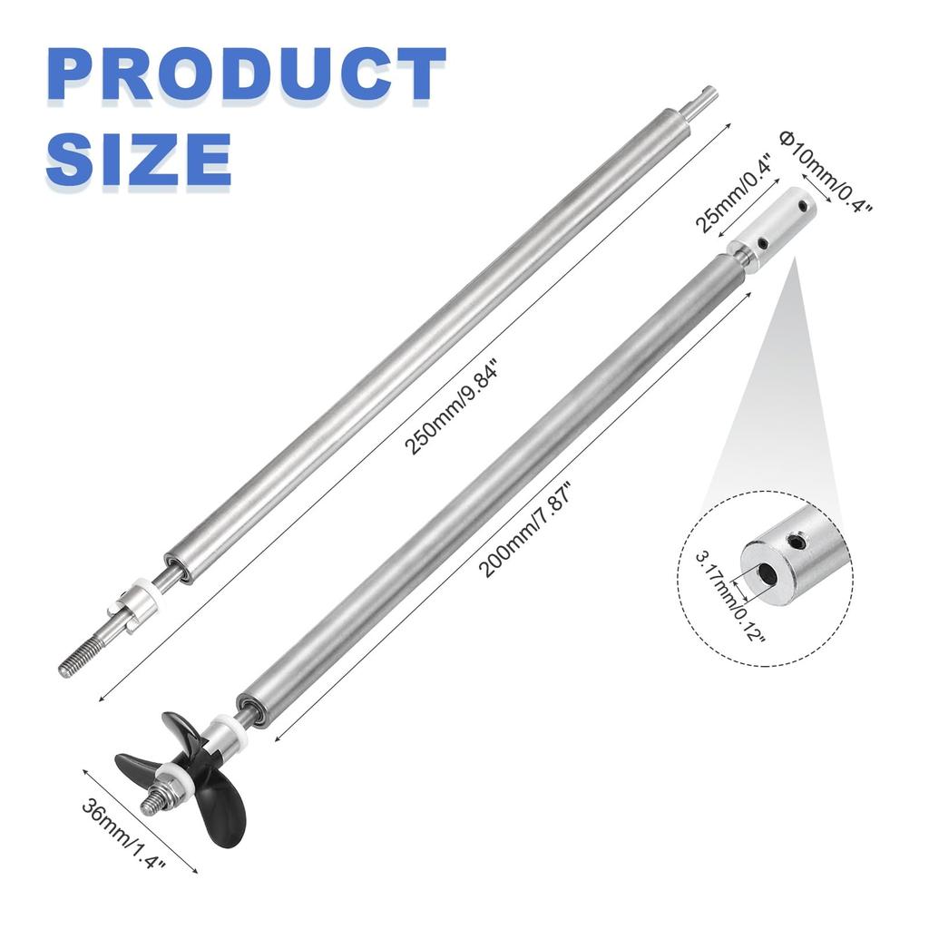 Uxcell Kit de Montagem de Eixo de Transmissão de Barco RC com Hélice e Junta de Acoplamento, Eixo L250mm, Luva L200mm, Três Hélices D36mm, Eixo de Motor 3.17mm