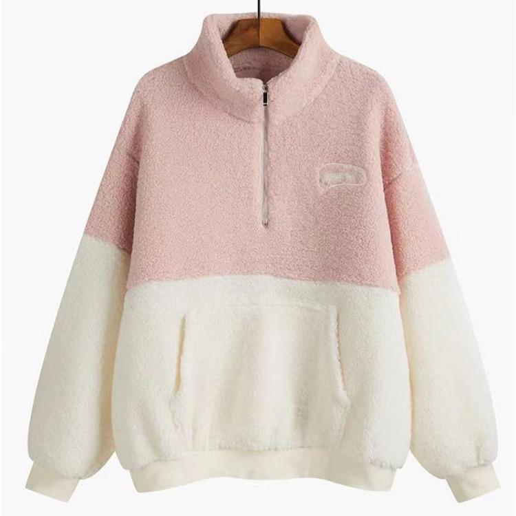 Warm Velvet Women Pullover Sweatshirt Thickened Stand Collar Half Zipper Top