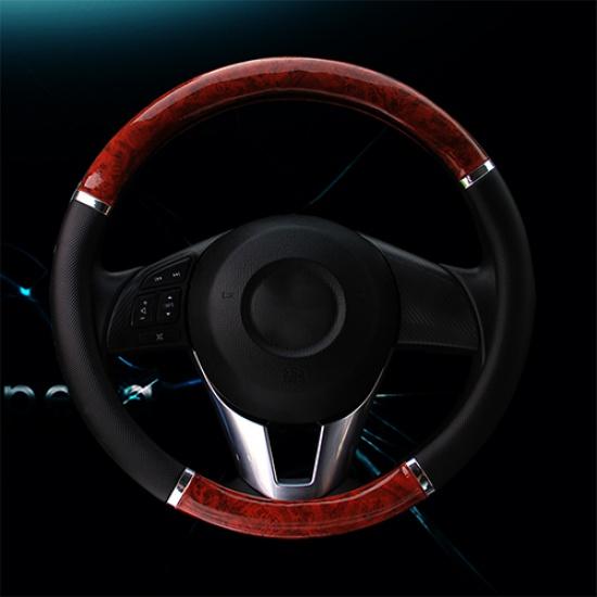 DERMAY Black Steering Wheel Cover with Wood Grain Design and Chrome Trim/PU Leather Car Steering Wheel Braid Diameter