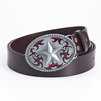 Pentagram Leather Men's Cowhide Belt Retro Smooth Buckle Wide Belt Decorative Belt