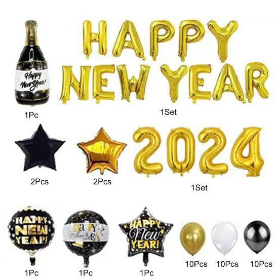 32 Inch 2024 New Year Balloons Set Letter Print Golden Starburst 2024 Number Balloons Party Decorations Set Party Supplies