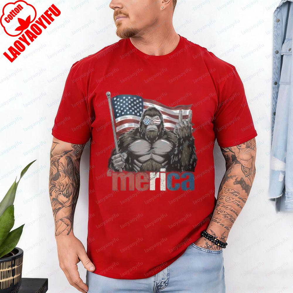 4th of July TShirt Gorilla American Flag Design Tops Patriotic Heritage Cotton Tee Funny Vintage Classic Fashion Man Streetwear
