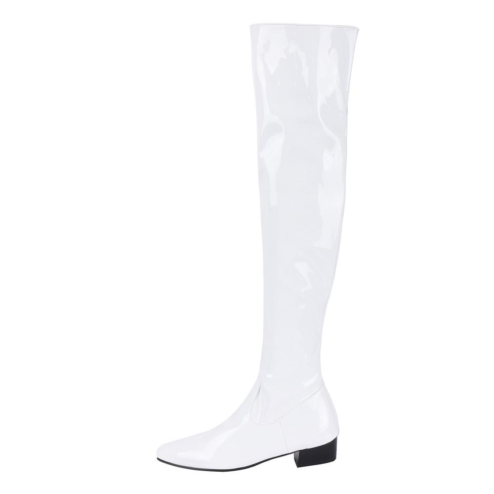 Women Candy Colour Over the Knee Boots Wide Calf Size 31~48 Chunky Low Heel Pointy Toe Patent Leather Comfortable Boot Zip Shoes