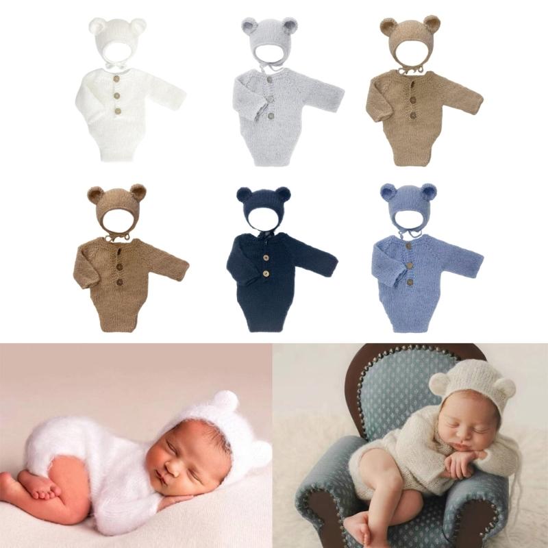 Infant Photography Outfit Bear Themed Soft Plush Set Baby Romper with Hat set Baby Dress Up set for Memorable Pictures