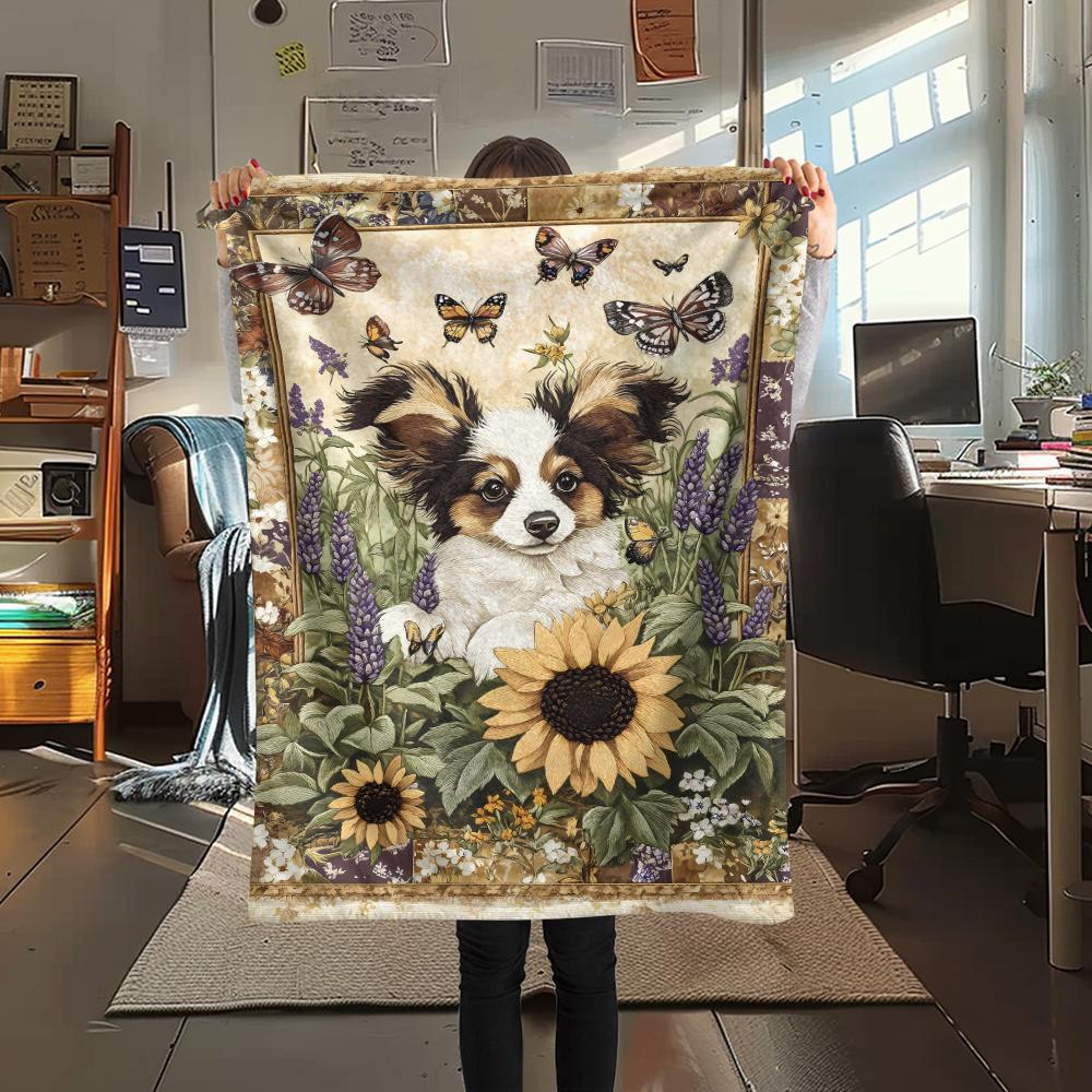 1 Stück Hunde- und Sonnenblumen-Print Flanelldecke, Hohe Qualität, Bequem für alle Jahreszeiten, Heimdekoration, Wärme und Komfort, Perfekt für Weihnachtsgeschenke