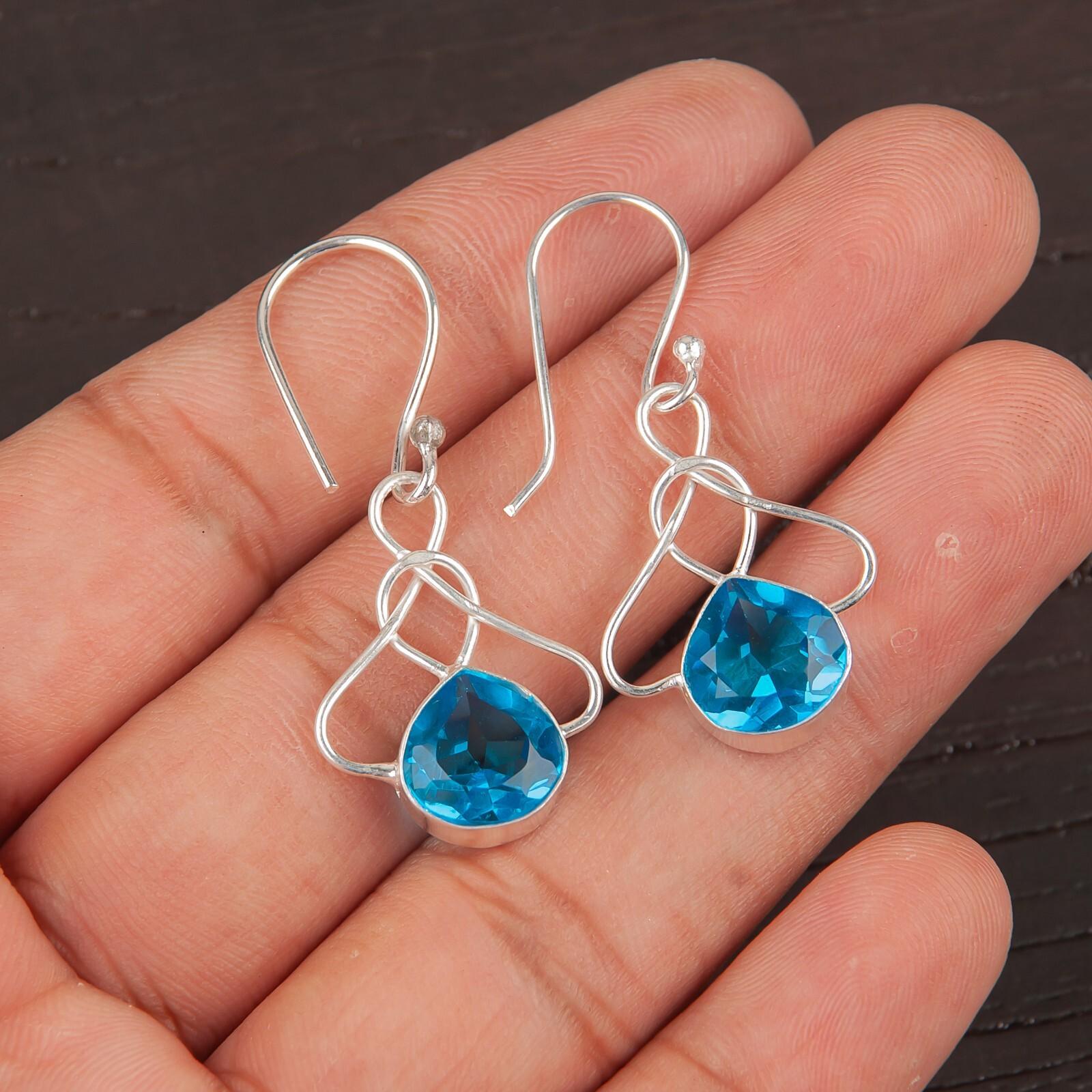 

Швейцарский голубой топаз, драгоценный камень, серьги ручной работы из стерлингового серебра 925 пробы, 1,50 дюйма, для жены EE-2-8