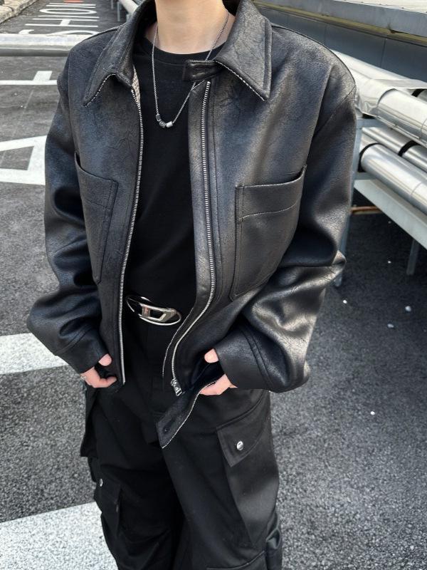 Men's High Street Trendy PU Leather Plaid Jacket - Autumn/Winter Short Casual Style