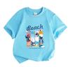 Kids Boys Girls Crew Neck Short Sleeve 100% Cotton T-Shirt, Cute Blue Alien Beach Surf Print Casual Soft Breathable Tee for Daily Summer Holiday Wear
