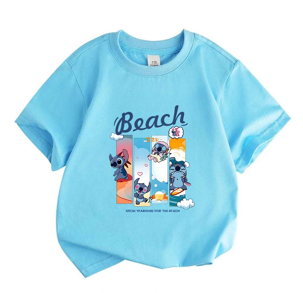 Kids Boys Girls Crew Neck Short Sleeve 100% Cotton T-Shirt, Cute Blue Alien Beach Surf Print Casual Soft Breathable Tee for Daily Summer Holiday Wear