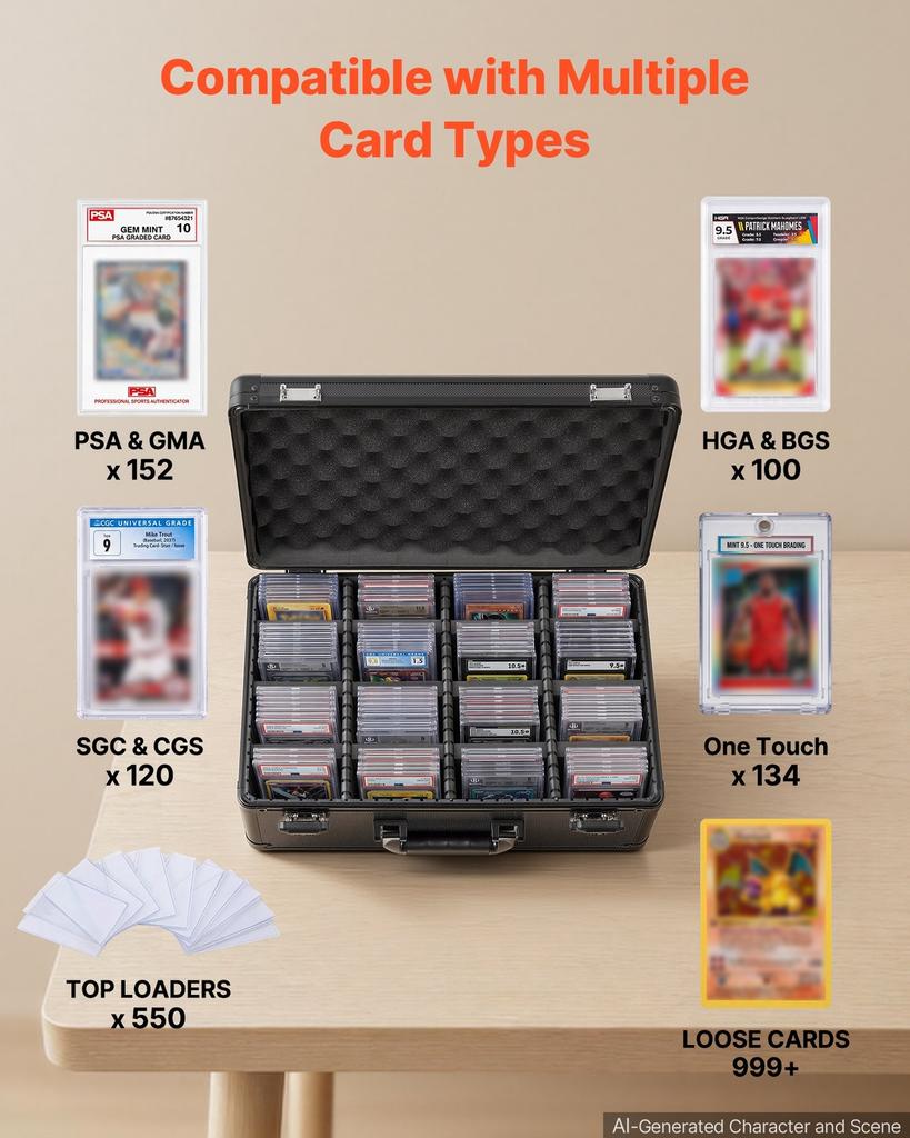 Graded Card Case 4 Reihen 152 PSA Slab Aufbewahrungsbox TSA-zugelassenes Schloss, Baseball Sport Sammelkartenhalter Sammler, mit 12 Trennwänden, Platz für 120 SGC 100