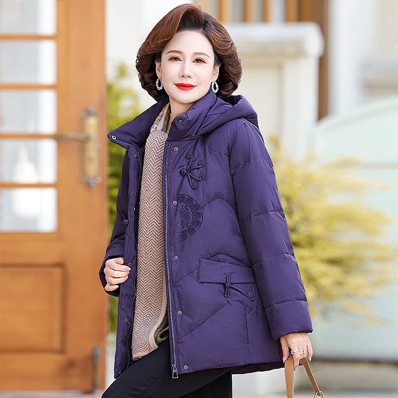 White Eiderdown Down Jacket Female Short Embroidery New Middle-aged and Elderly Mothers Winter Clothes Plus Size Hooded Down Jacket