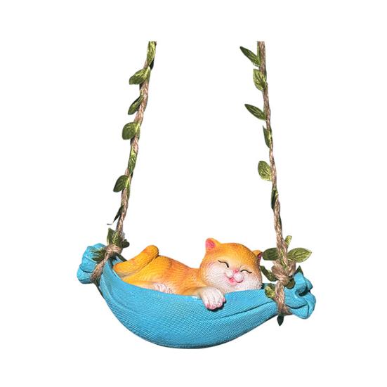 Resin Cute Swing Cat Sculpture Orange Cat on Hammock Hanging Ornament for Outdoor Garden Balcony Tree Window Wall Car Decoration Cat
