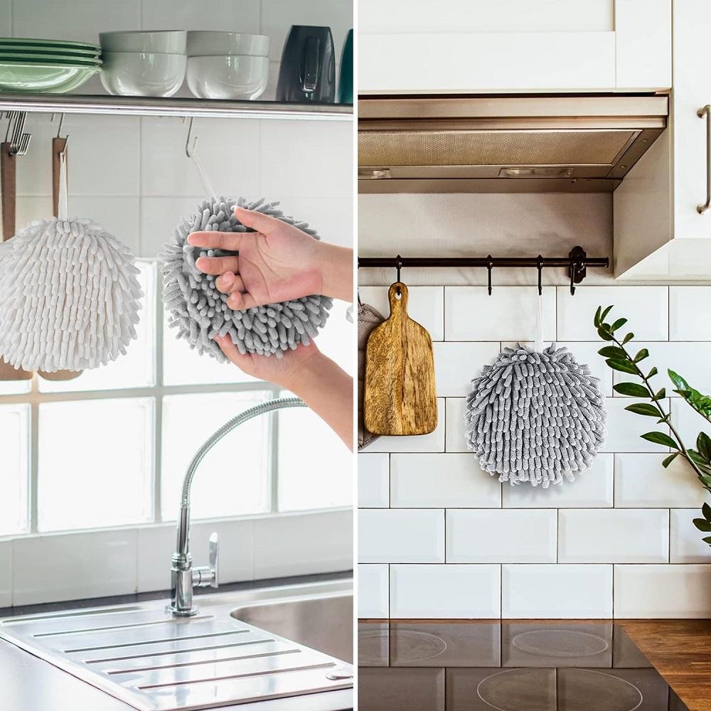 2PC Wipe Hands Towel Ball with 2 Hooks Super Absorbent Health Microfiber Chenille Soft Towels Bathroom Kitchen Supplies