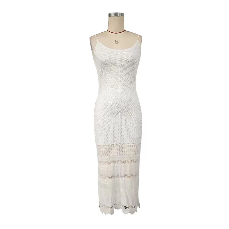

European and American New Summer Bohemian Vacation Knitted Sling Cut-out Dress Sexy Knitted Dress White L