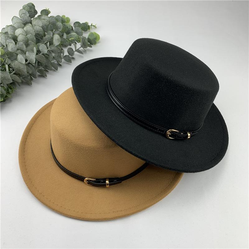 Autumn and winter British European and American style belt buckle flat top top top hat men's and women's wide brim sunshade retro woolen black ja