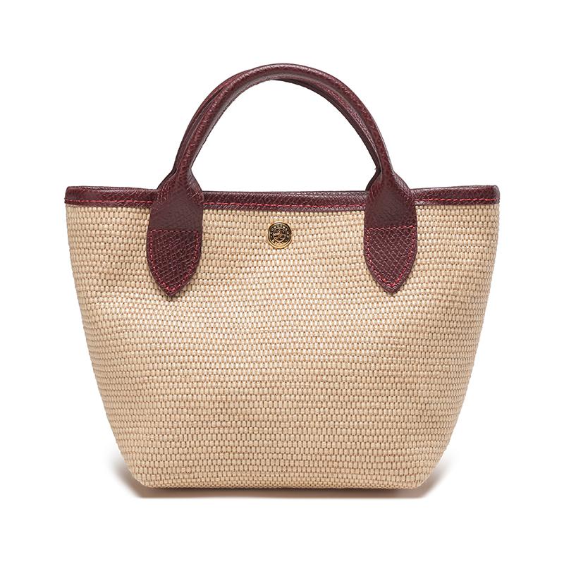 New LONGCHAMP Straw Woven Linen With Cowhide Dumpling Bag, Shoulder Bag, Handbag Mini Women's Khaki & Dark Brown 10162HYTP59