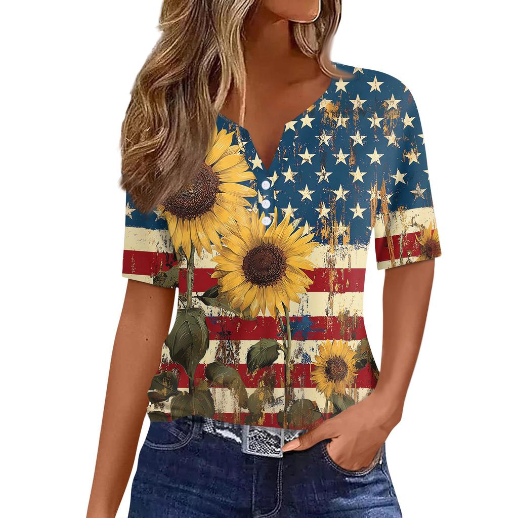 Women's T Shirt Independence Day Print Button Short Sleeve Daily Weekend Fashion Basic V- Neck Regular Top