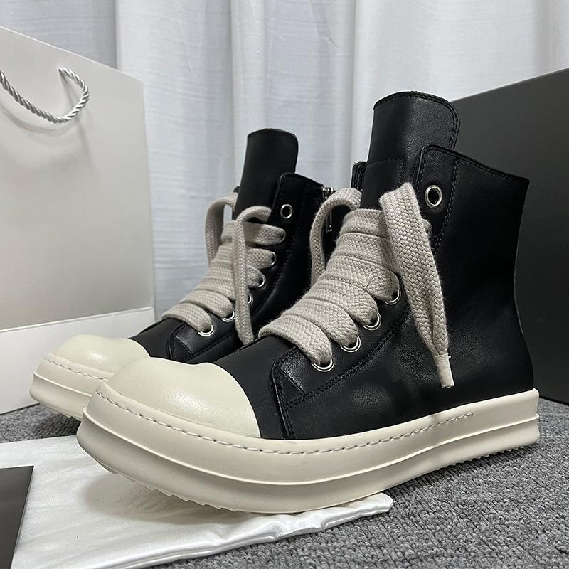 High Top Genuine Leather Men and Women's Casual Shoes Round Toe Side Zippers Ankle Boots Lace Up Unisex Counple Sneakers Shoes
