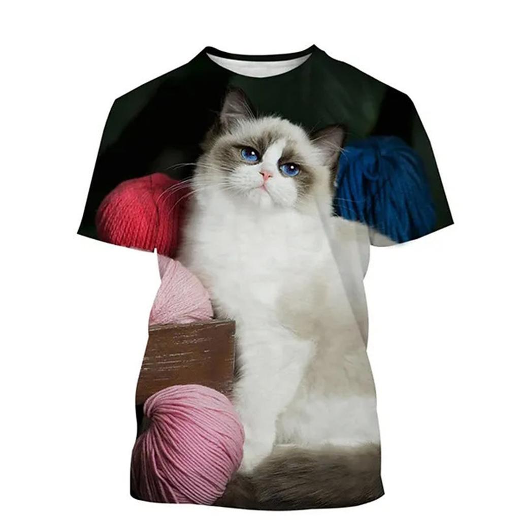 Summer Casual Short Sleeved T-shirt New 3D Plush Cat Fun Kitten Print Personalized Versatile T-Shirts