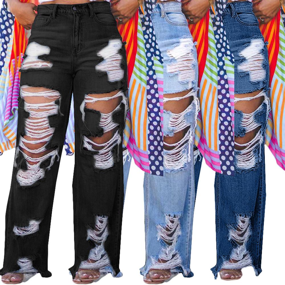 Hole Jeans for Women Ripped Straight Pants Mid Waist Distressed Washed Pockets Vintage Denims Streetwear Female Trousers