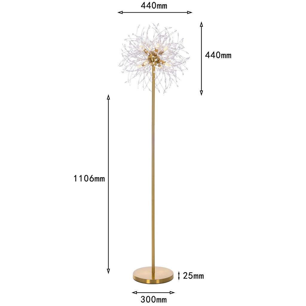 Chende Crystal and Brass Floor Lamp, Nordic Fireworks Design, 8-Light Chandelier, LED G9, Stylish, Bright, Modern, Floor-Standing, Easy Assembly,