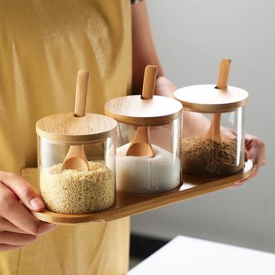 Glass Spice Jars with Bamboo Spoon 3pcs Seasoning Container Set Sugar Salt Pepper Organizer Condiment Bottles with Storage Base