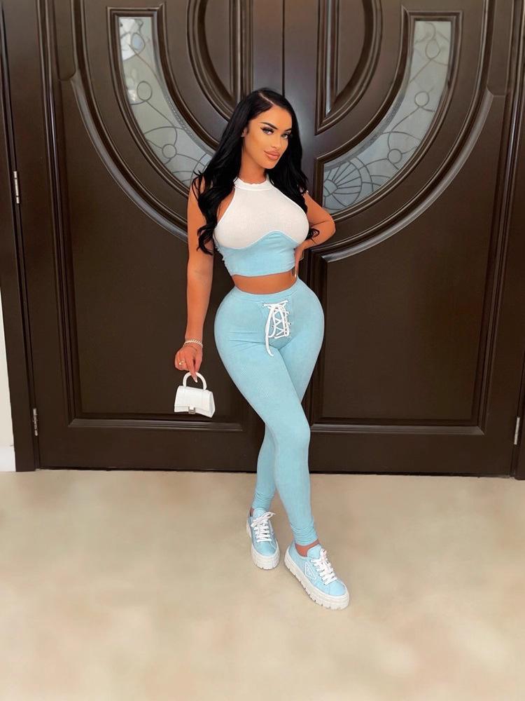 Women's European & American Sexy Ribbed Two-Piece Set: Round Neck Vest & Tie Pencil Pants