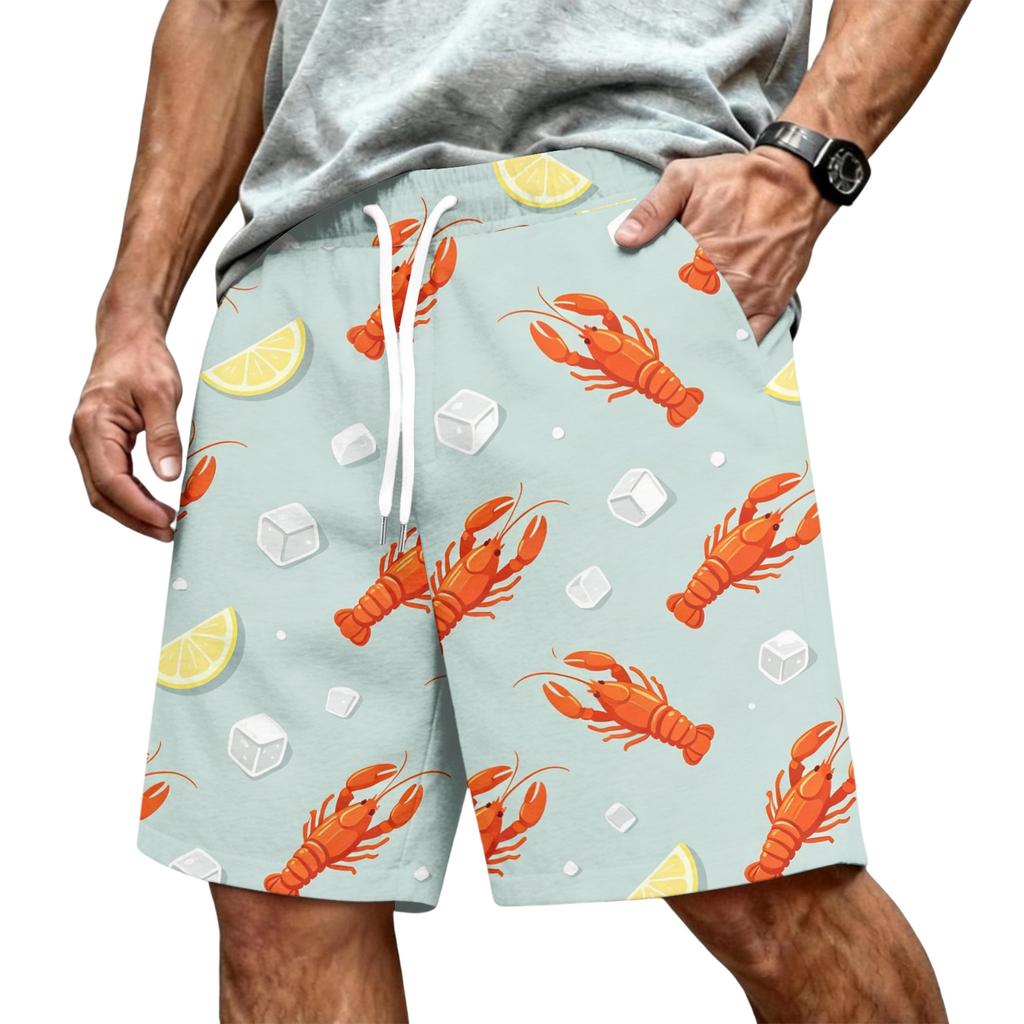 Men's Hawaiian Print Mesh Shorts with Drawstring Elastic Waist for Summer Beach and Casual Wear