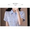 Light Blue Striped Shirt Dress Women High-Waisted Short Sleeve Midi Relaxed Fit Casual With Piqu Collar