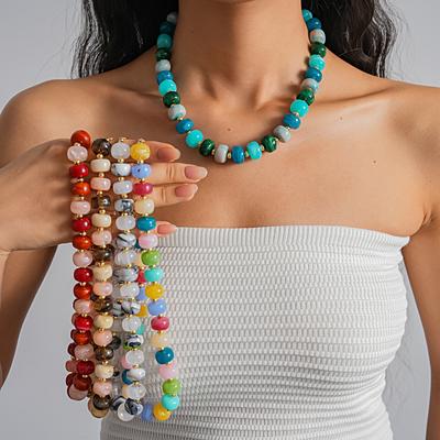 Multi-color Acrylic Beaded Choker Necklace for Women Irregular Smudging Resin Bead Clavicle Chain Beach Vacation Jewelry Accessory