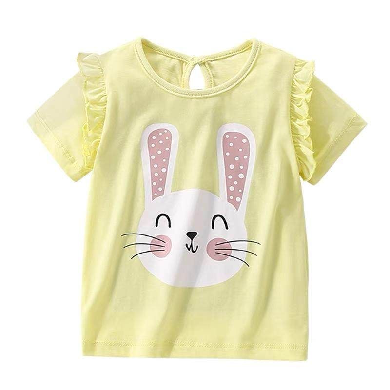 2025 Summer Girls' Comfortable T-Shirt New Short-Sleeve Stylish Little Rabbit European and American Style Top Round Neck Ruffled Edge 0-8 Years Old