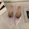 Fashion SUOJIALUN 2025 Spring New Brand Women Mules Shoes Fashion Square Low Heel Outdoor Dress Slides Pointed Toe Slip On Mules Shoes