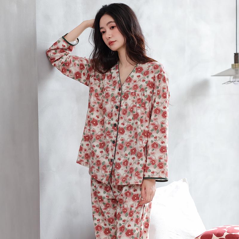 Set de pijama pentru femei cu decolteu în V din bumbac: Cardigan cu mânecă lungă și pantaloni, Mărime mare, Casual și croială largă pentru primăvară și toamnă