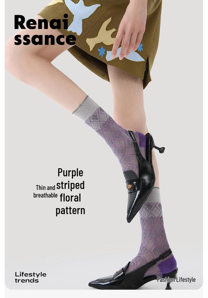 Renaissance Women's Seamless Mid-Calf Socks - Breathable, Thin, Purple, Cute Spring/Summer Socks