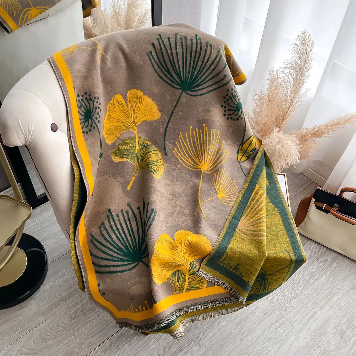 

2025 New Winter Warm Cashmere Shawl Fashion Leaf Scarf Women Neckerchief Pashmina Head Scarves Wrap Femal Poncho Echarpe Bandana верблюд