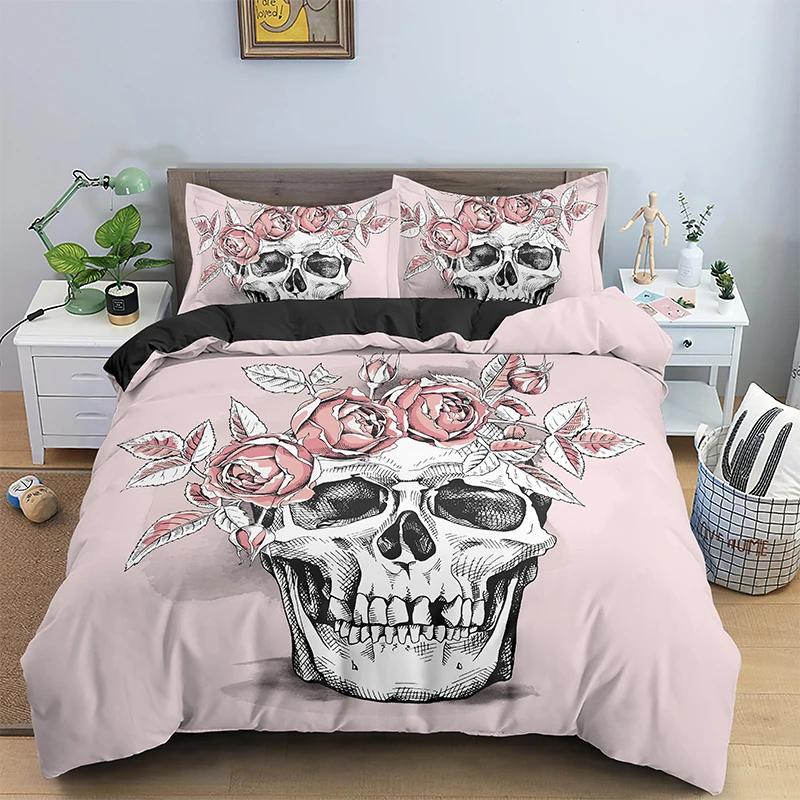 Sugar Skull King Queen Duvet Cover Vintage Skeleton Girl Gothic Day of The Dead Bedding Set Halloween Rose Polyester Quilt Cover