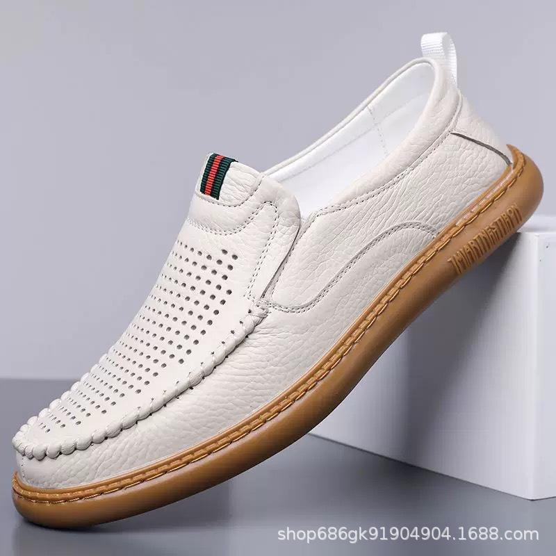 Fashion Men's Shoes Men's First-layer Cowhide Shoes Breathable Driving Soft-soled Beanie Shoes Casual Leather Shoes