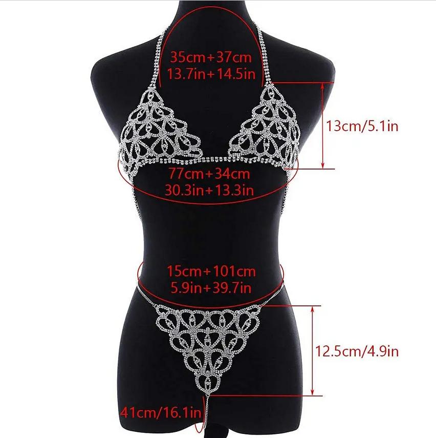 Rhinestones Body Chain Suit Heart Underwear Bikini Bra Chain Party Belly Waist Chains Jewelry Accessories for Women and Girls