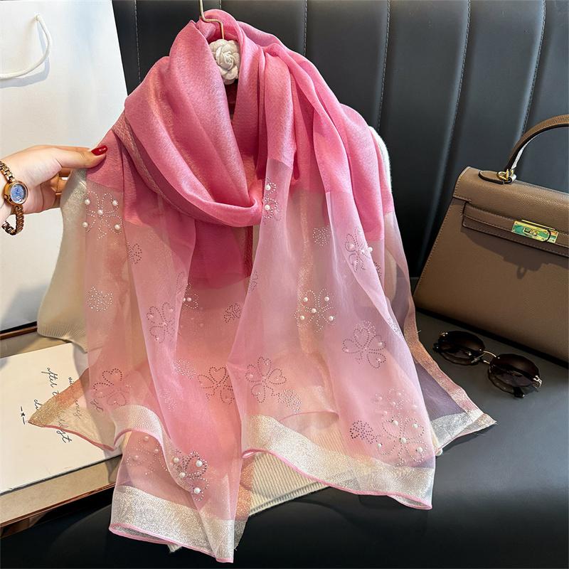 Luksuriøst skinnende blondeskjerf Silke Dame Hijab Myke ullsjal og omslag Stor blomst Tynne skjerf Foulard Kvinne Bufanda Ny