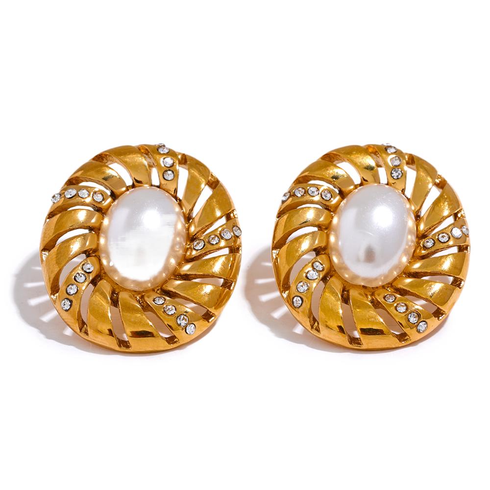 Yhpup Elegant Imitation Pearls Stainless Steel Round Hollow Stud Earrings Exquisite Cubic Zirconia Vintage France Jewelry Gift