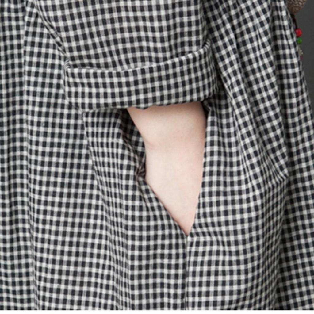 Japanese Style Linen Long Sleeve Checked Dresses For Women Long Dress Big Code Girl Oversize Loose Party Dress