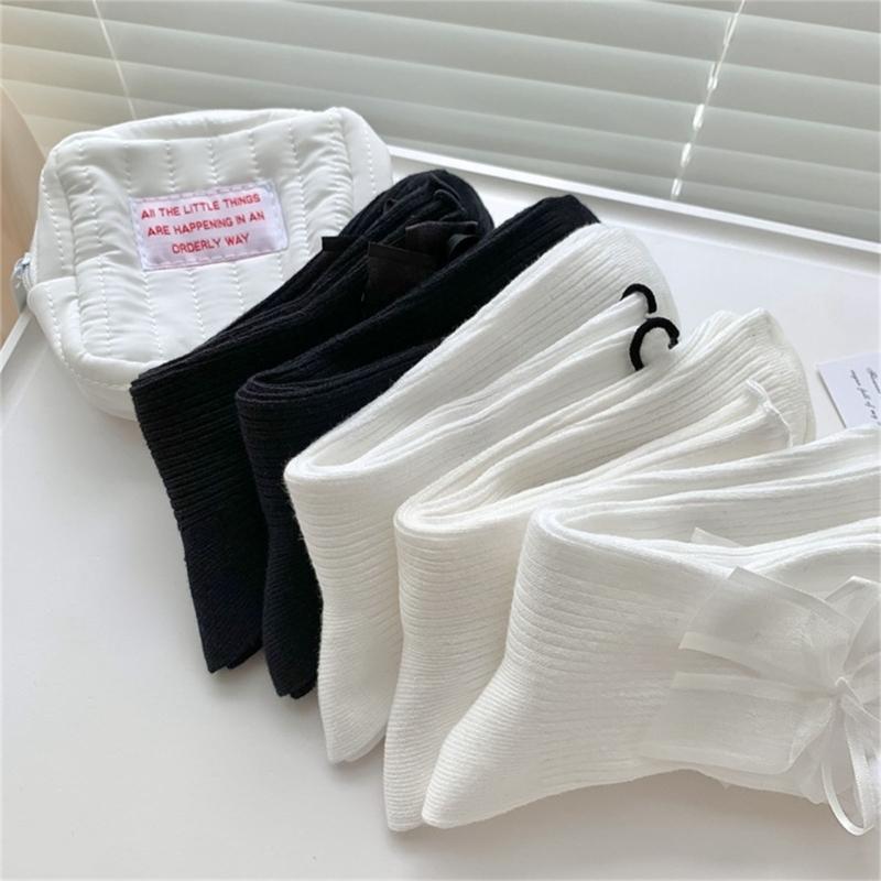 Fashion Harajuku Middle Tube Frilly Socks Women Girls School Student Cute Pearls Bowknot Ruffke Trim Cotton Ankle Socks