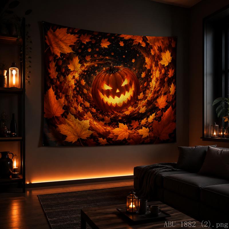 Halloween Party Tapestry Evil Pumpkin Autumn Leaves Wall Hanging for Bedroom Living Room