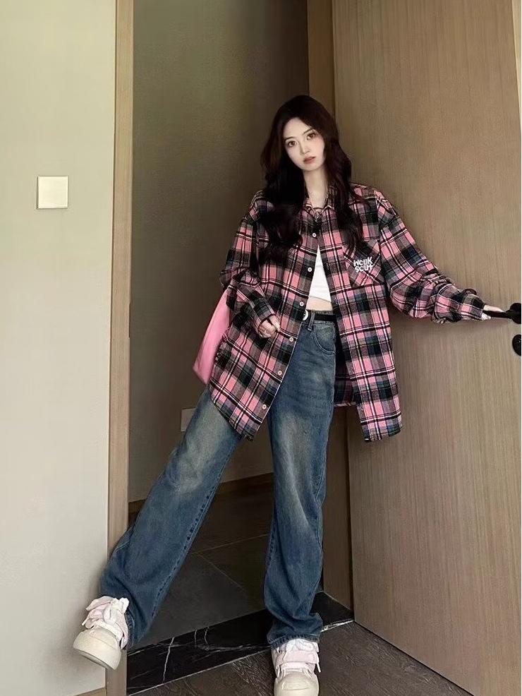 

Рубашка с длинным рукавом в клетку в стиле ретро - Американско-французский стиль для пар, Тонкая куртка для весны/осени Medium розовый